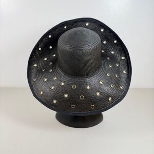 Kokin New York Black Straw Sun Hat Wide Brim Eyelet Detail